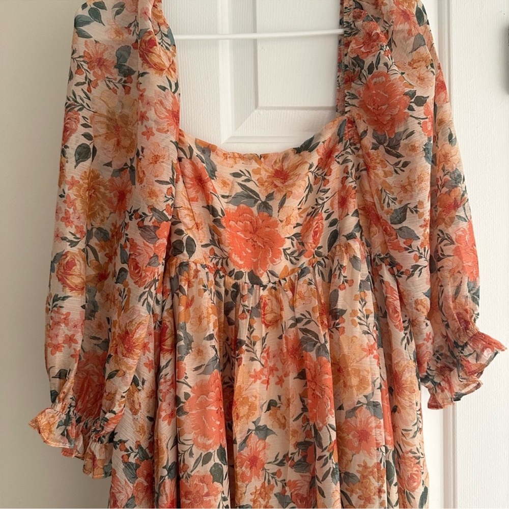 Storia Boutique Babydoll Maxi Dress Bump Friendly Peach Multi Floral Sz L - Picture 2 of 4